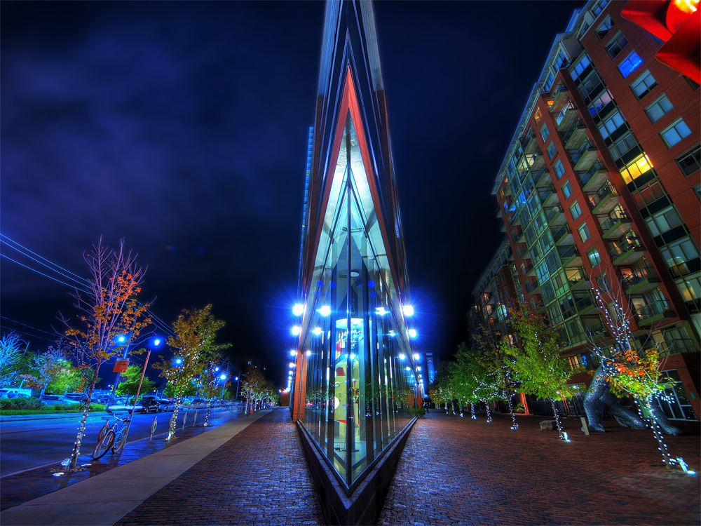 Triangular looking building at night