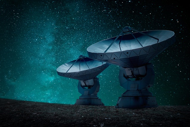 Two radio telescopes reaching into a silent night sky, symbolizing unspoken dialogue beneath the Milky Way.